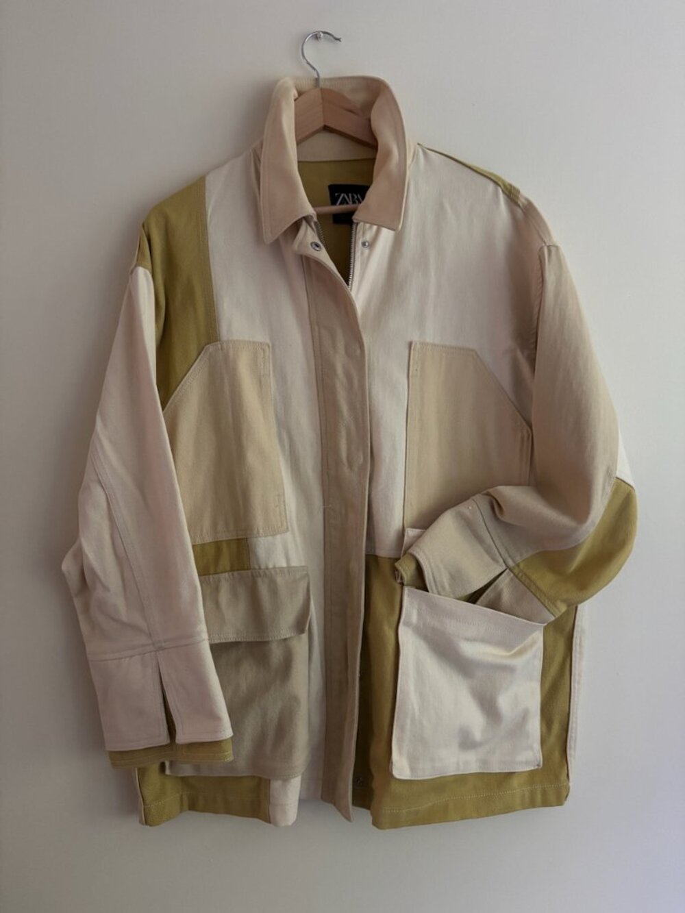 Zara Colorblock Cream & Olive Shirt Jacket, size XL